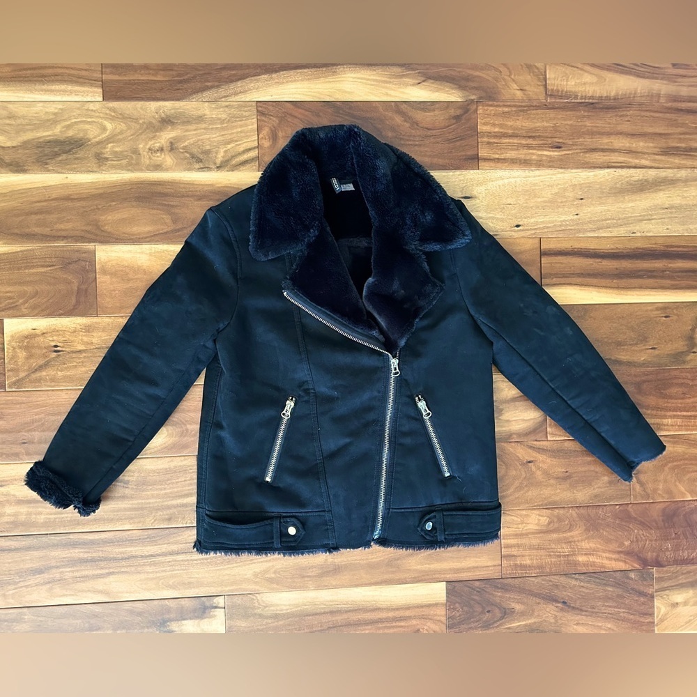 Divided Black Faux Fur Lined Suede Moto Jacket size 8